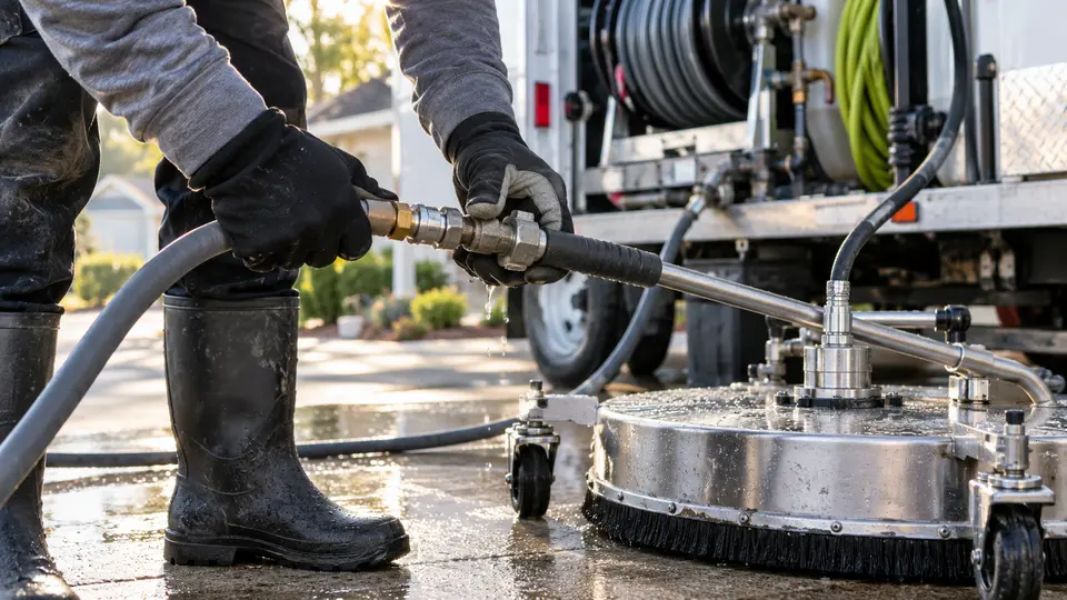 Gloved technician connecting pressure washing equipment beside a service trailer