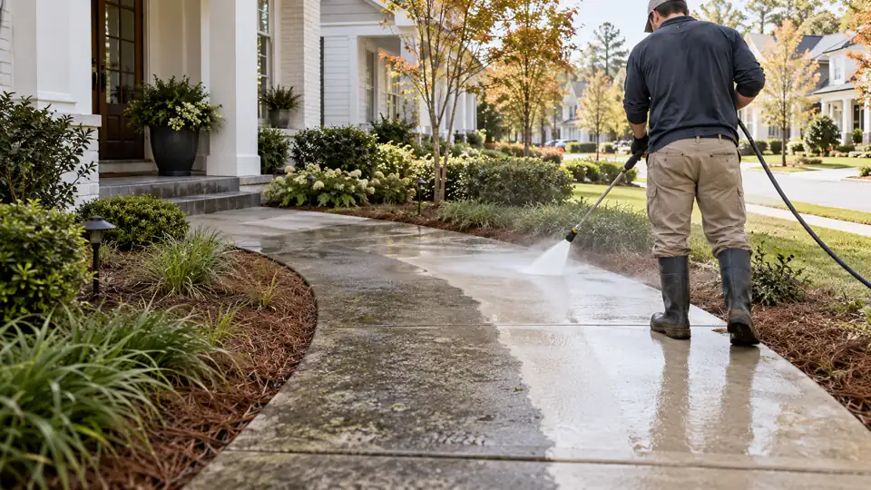 Technician pressure washing a curved walkway at an Autumn Hall home