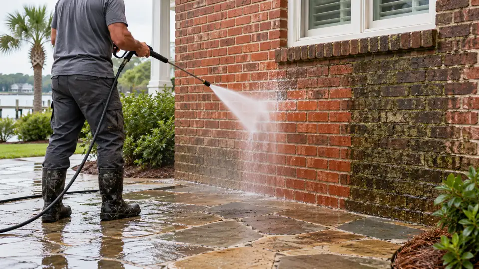 Technician cleaning weathered brick and stone surfaces at a Wilmington home