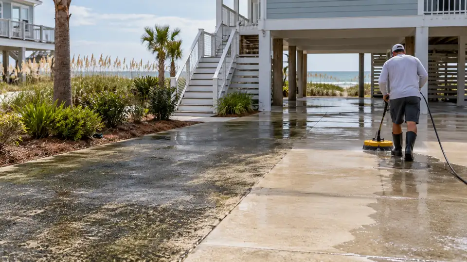 Driveway cleaning at an elevated Carolina Beach cottage with coastal landscaping