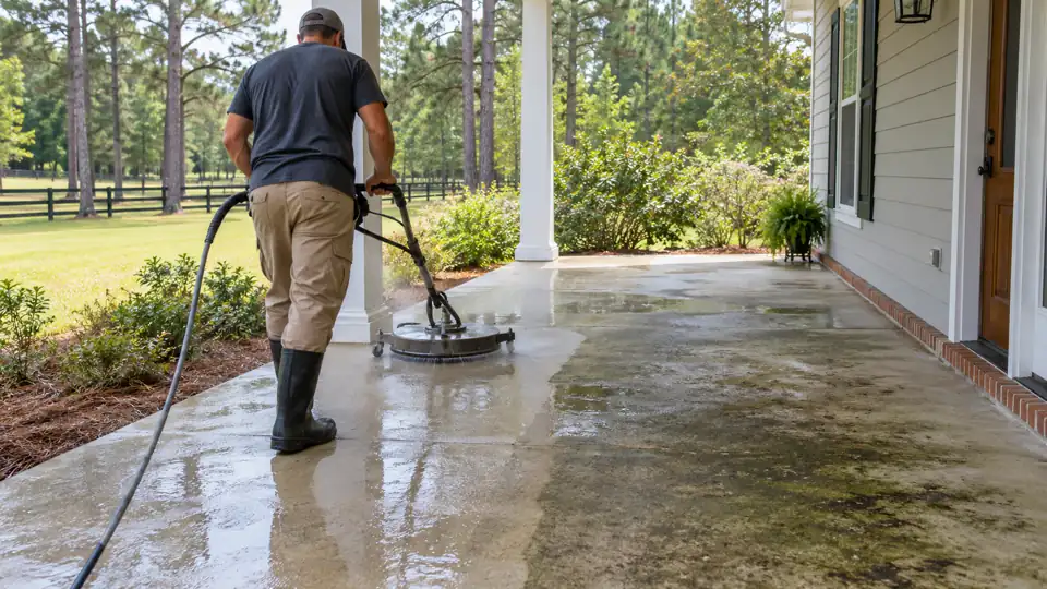 Porch cleaning at a Castle Hayne home surrounded by mature pine trees