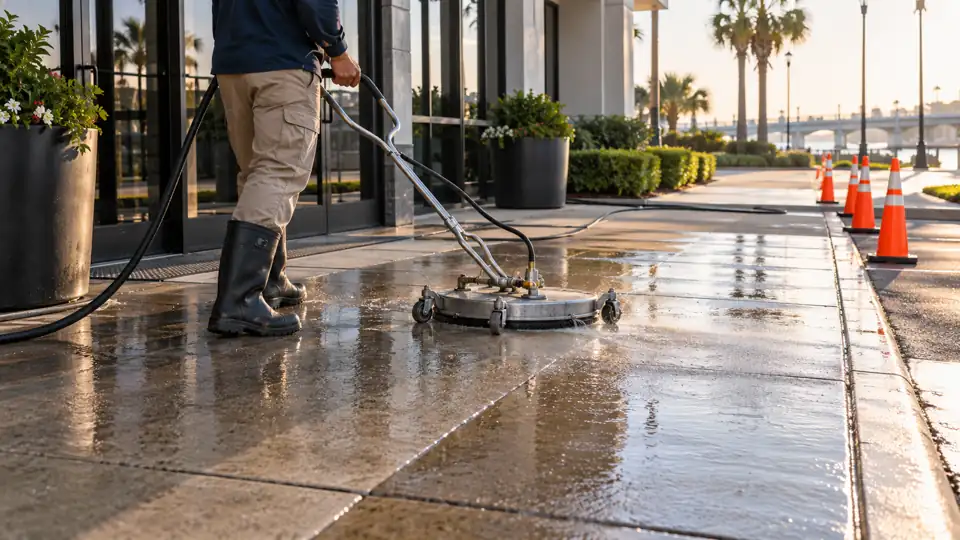 Commercial sidewalk being cleaned with a rotary surface cleaner and safety cones
