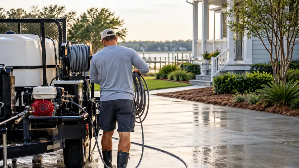 Technician coiling a pressure washing hose beside organized cleaning equipment