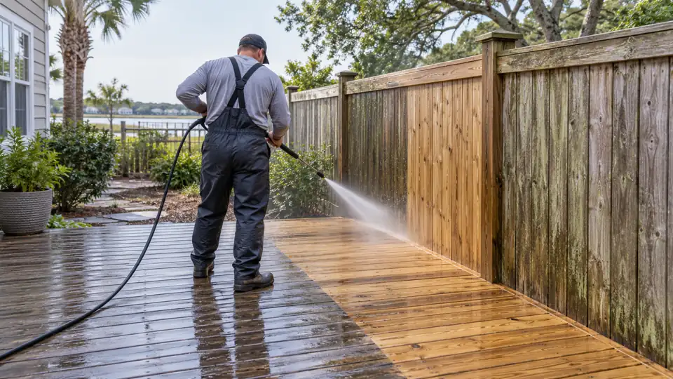 Technician gently cleaning a wood deck and adjoining backyard fence