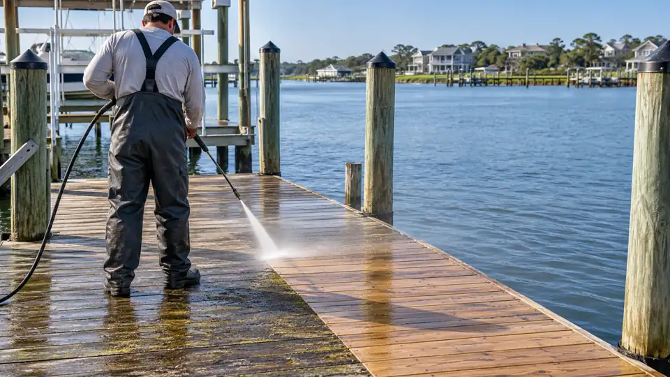 Technician pressure cleaning weathered boards on a private coastal dock