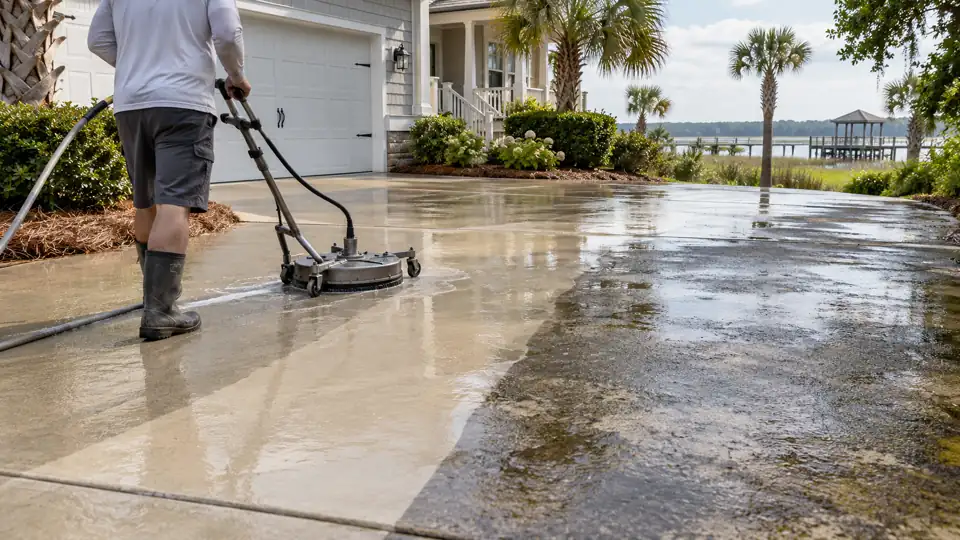 Technician surface-cleaning a partially restored residential concrete driveway