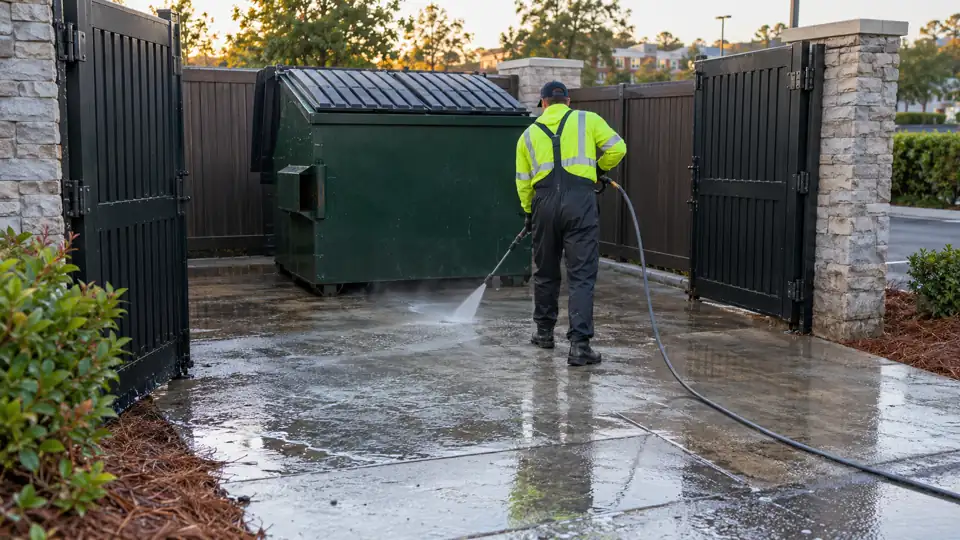 Commercial dumpster enclosure pad being degreased and pressure cleaned