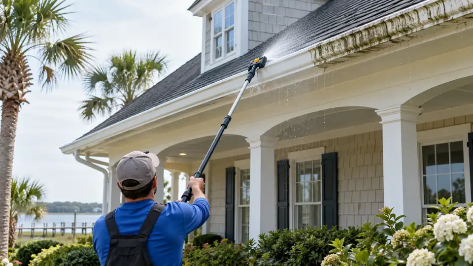 Technician brightening exterior gutters with a telescoping cleaning pole