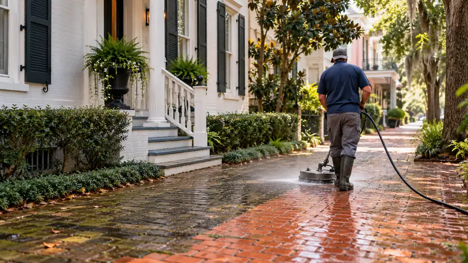 Gentle brick sidewalk cleaning beside a historic downtown Wilmington townhouse