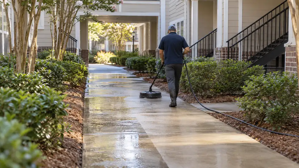 Technician surface-cleaning a shared apartment community walkway