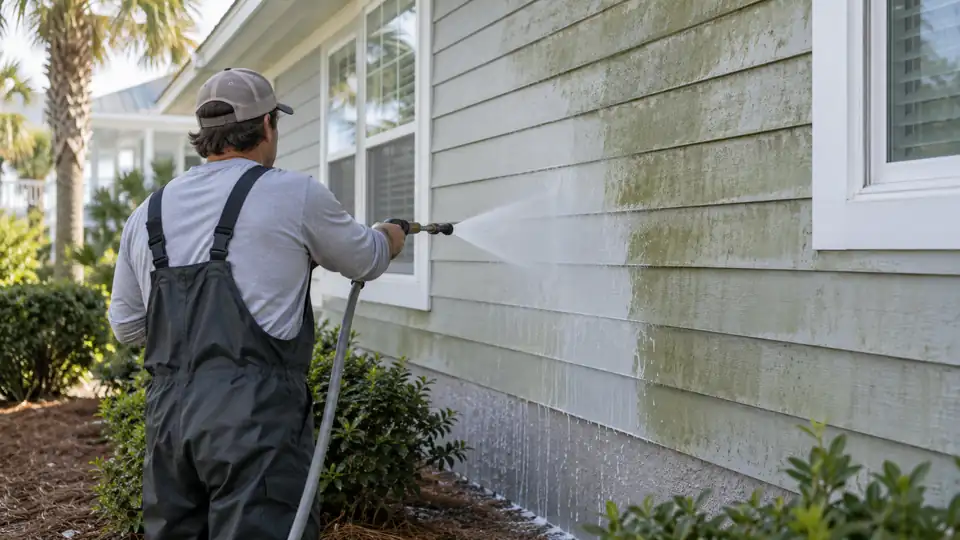 Technician soft washing algae from shaded siding on a Wilmington home