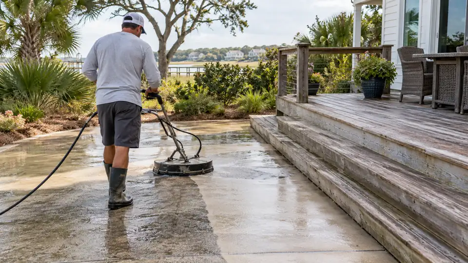Technician surface-cleaning a patio beside a residential wood deck