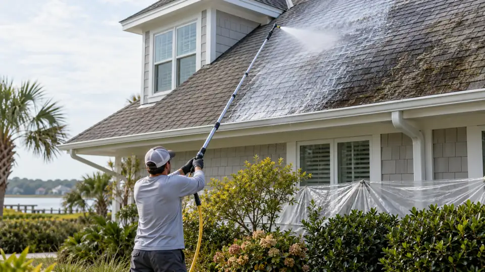 Ground-level technician applying a gentle soft wash to an algae-streaked roof
