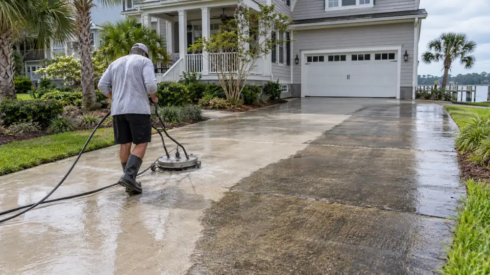 Technician pressure washing a partially cleaned driveway at a Wilmington coastal home