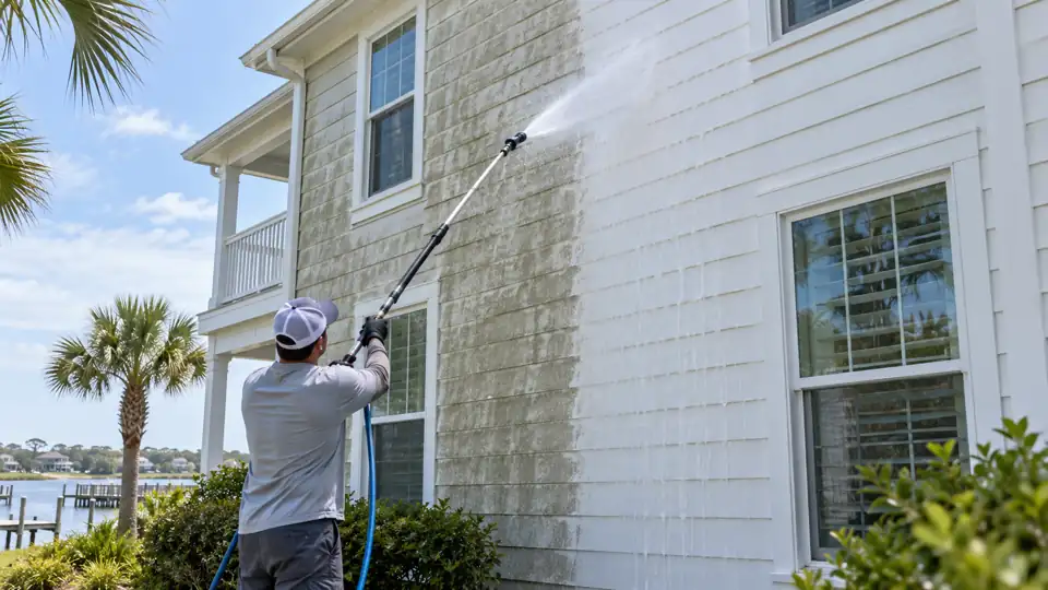 Technician soft washing the siding of a two-story coastal Wilmington home