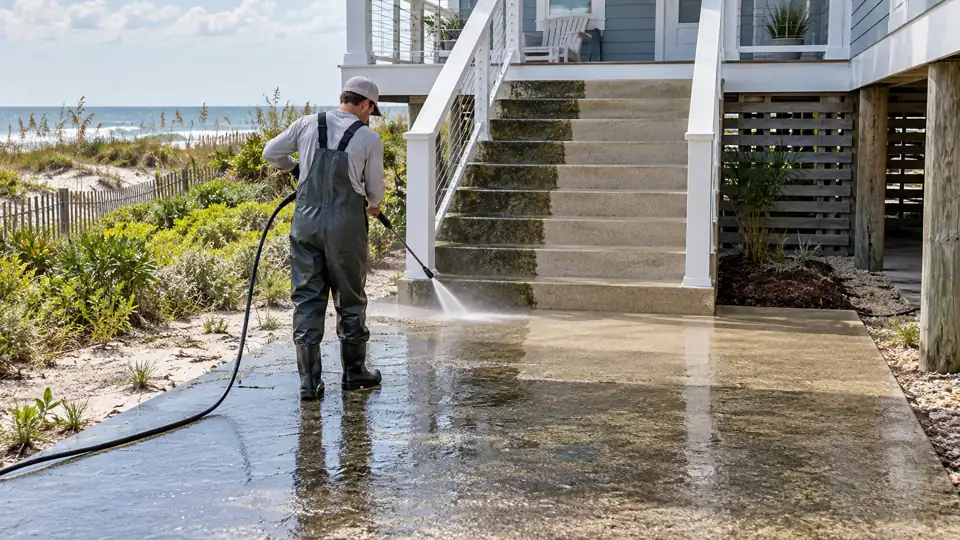 Cleaning exterior steps at a raised Kure Beach home with coastal vegetation
