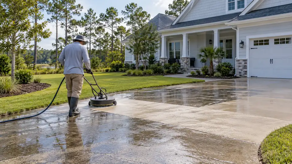 Technician pressure washing a driveway at a newer Leland home