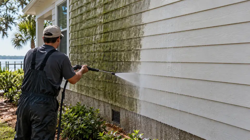 Exterior mold and mildew being treated and rinsed from a shaded house wall