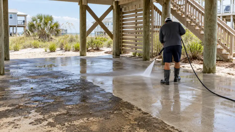 Cleaning the concrete parking area beneath an elevated Oak Island beach home