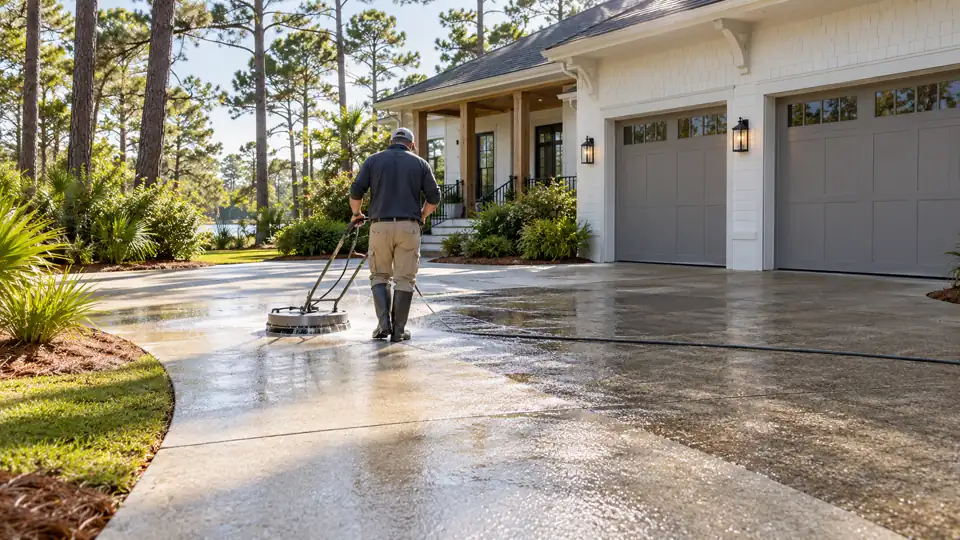Surface cleaning a wide driveway at an Ogden home with tall pine trees