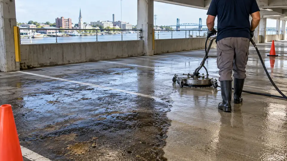 Surface cleaner removing grime from a concrete parking garage floor