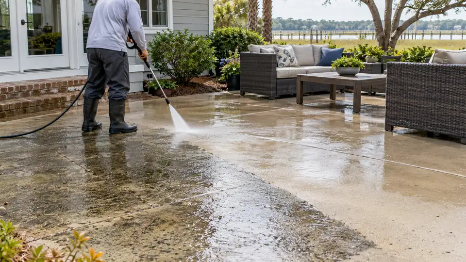 Pressure washing restores a backyard concrete patio at a Wilmington home