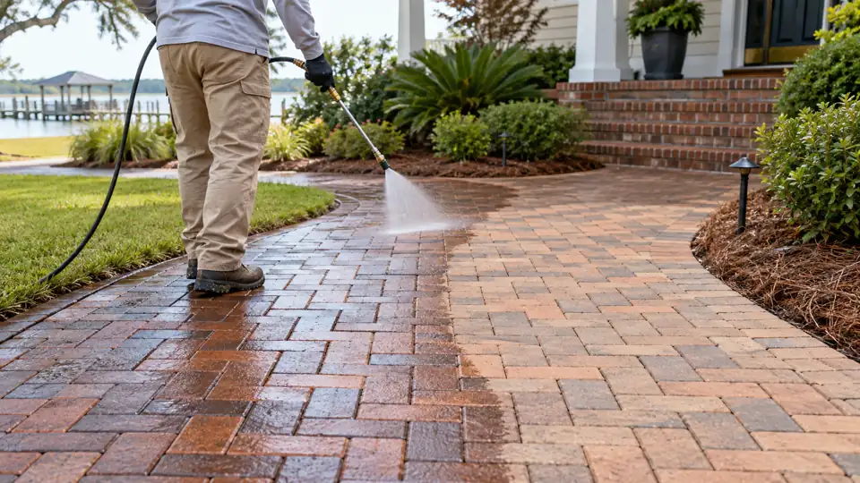 Technician applying clear sealer to freshly cleaned brick pavers