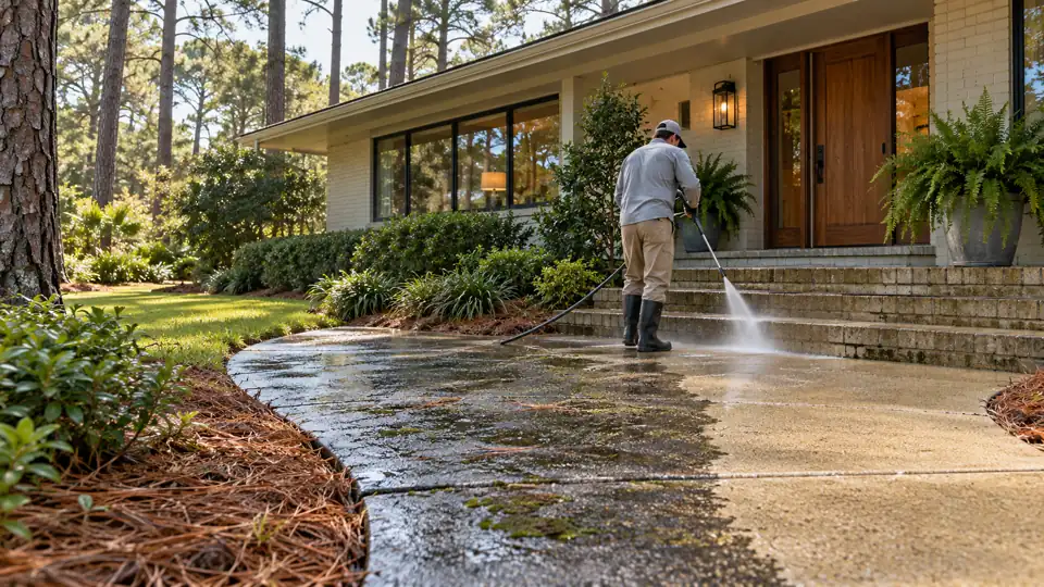 Front-walk cleaning at a Pine Valley ranch home beneath mature trees