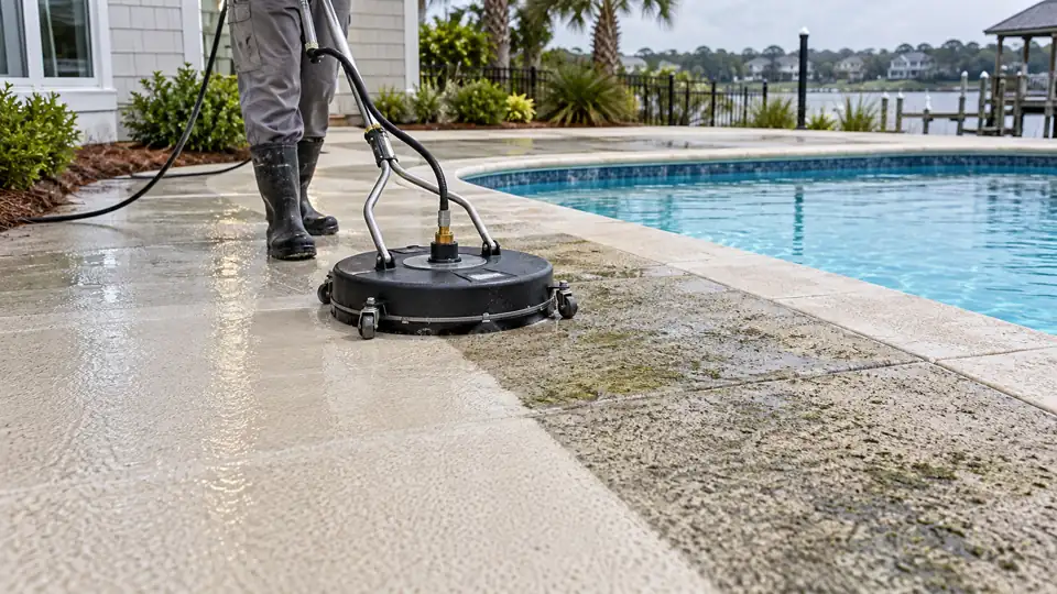 Surface cleaner removing grime from a textured residential pool deck