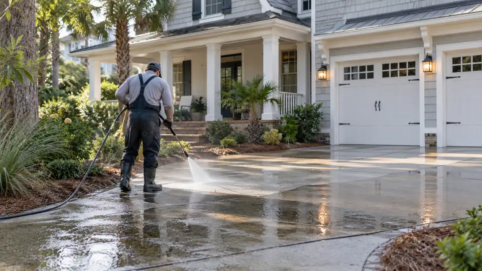 Residential driveway cleaning in progress before a property listing