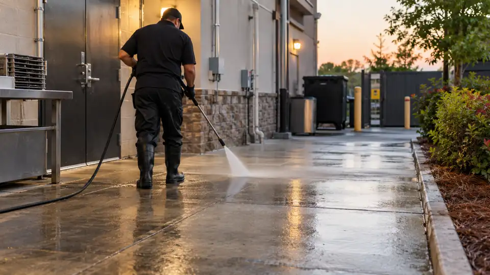 Restaurant service walkway receiving professional after-hours pressure washing