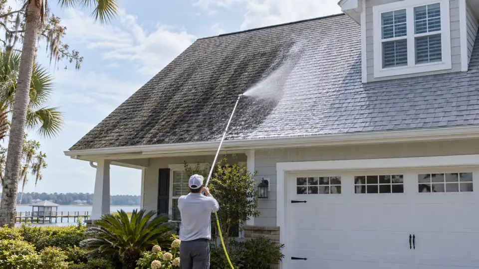 Ground-applied soft washing treats dark algae streaks on an asphalt shingle roof