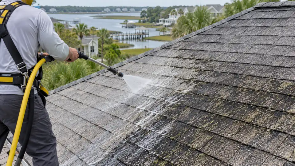 Low-pressure treatment cleaning black streaks from asphalt roof shingles