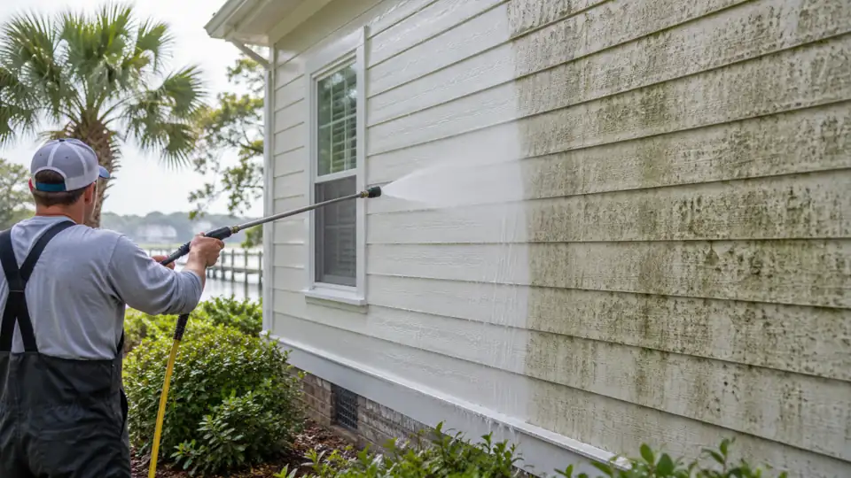 Low-pressure soft washing removes algae from painted house siding in Wilmington