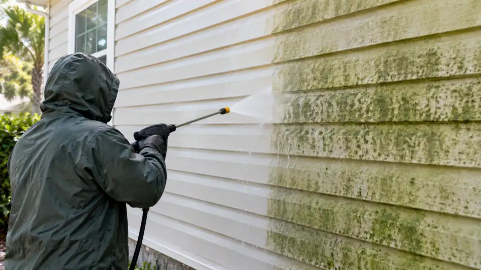 Gentle cleaning reveals clean vinyl siding beside an untreated algae-stained section