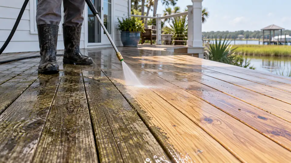 Gentle washing reveals clean wood grain on weathered deck boards